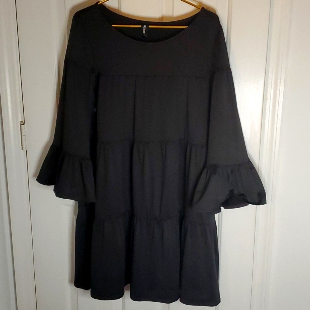 Agnes & Dora Womens Stretch Dress with Bell Sleeves, Swing Ruffle Bottom